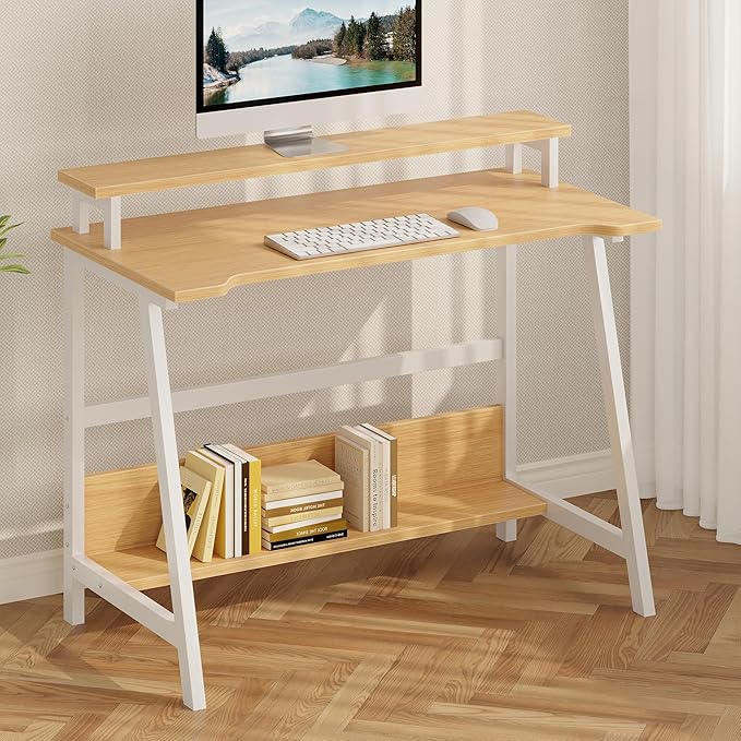 ALISENED 31.5 Inch Small Office Desk with Storage, Small Desk for Small Spaces, Compact Home Office Desk, Mini Study Desk for Bedroom, Warm Oak