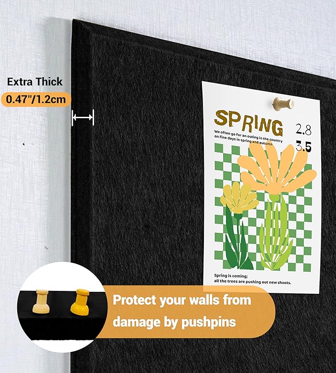 1/2" Thick Cork Board for Office, 6 Pack Felt Wall Tiles -28"x18" with Safe Adhesive Tabs, Large Bulletin Board, Push Pin Board Organizer Wall - Black