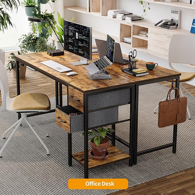 CubiCubi Computer Desk with 2 Drawers, 47 Inch Small Home Office Desk with Storage Study Writing Table, Light Brown