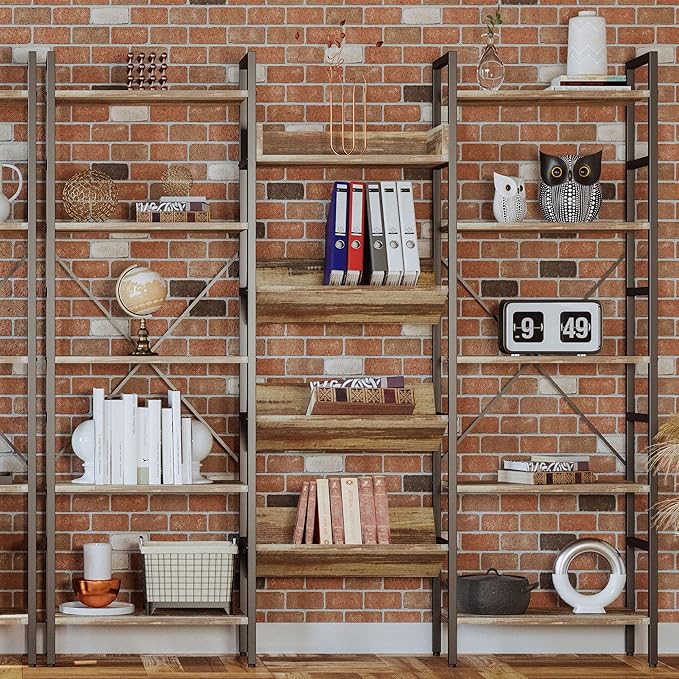 IRONCK Bookshelf, Bookshelves and Bookcases, Triple Wide 5 Tiers Book Shelf with Baffles, Industrial Bookshelf with Metal Frame for Living Room, Home Office