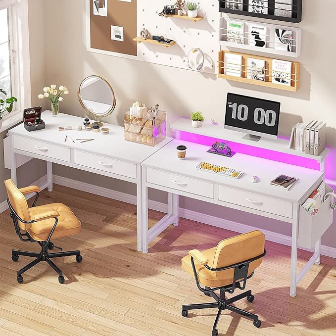 Computer Desk with 2 Drawers & LED Lights,39.4 Inch Home Office Desks with Side Pocket and Monitor Stand,Study Writing Table for Small Spaces,White