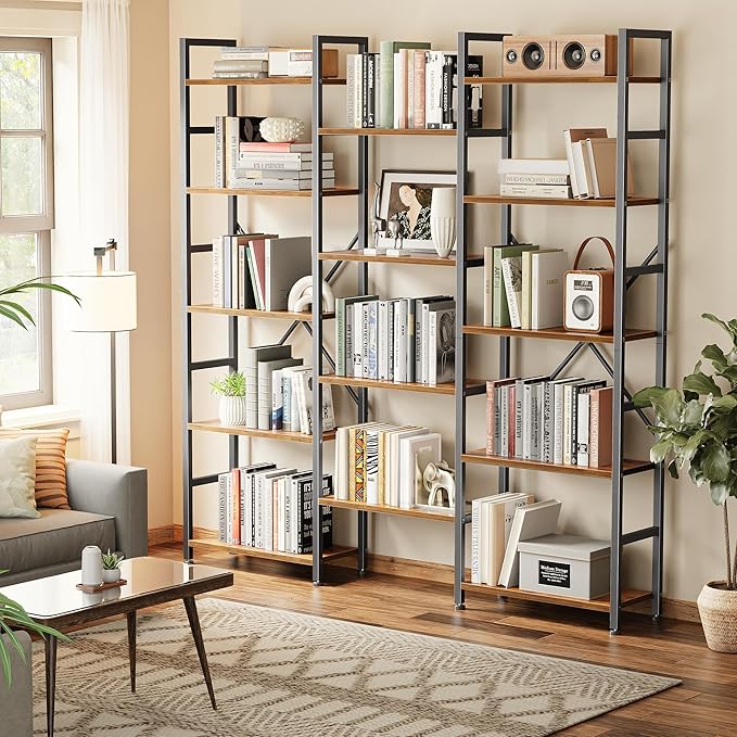 SUPERJARE Triple Bookshelf, Bookcase with 14 Open Display Shelves, Wide Book Shelf Book Case for Home & Office, 5 Tier, Brown