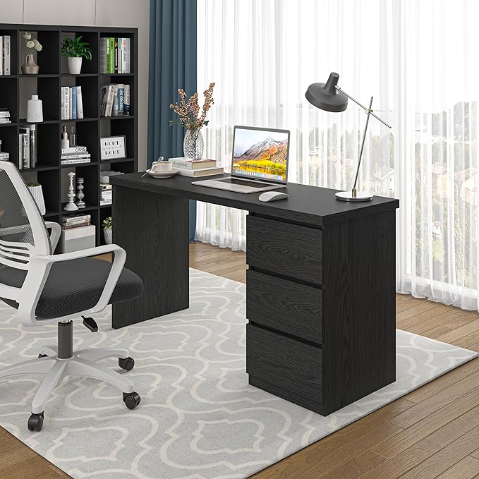 furtble Computer Desk with Drawers, 53.5 inches Wood Work Desk, Home Office Desks Workstation with Storage, Modern Gaming Computer Table for Bedroom, Living Room, Black