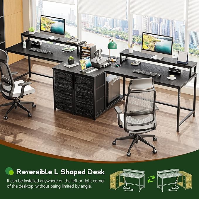 EnHomee L Shaped Gaming Desk with LED Lights & Power Outlet, 48Inch Reversible Office Desk with Monitor Stand Corner Computer Desk with 3 Drawers for Gaming,Study Room,Home Office,Bedroom,Black