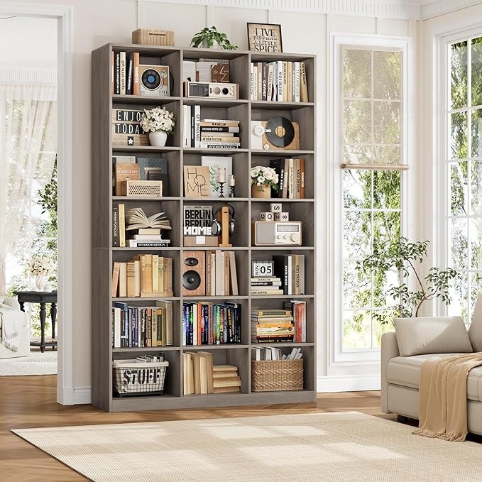 HOSTACK 86"H Triple Wide Bookshelf and Bookcase, 7 Tier Tall Bookshelf with Storage, Large Bookcase with 21 Open Display Storage Shelves, Wood Book Shelf Media CD DVD Storage for Living Room, Ash Gray