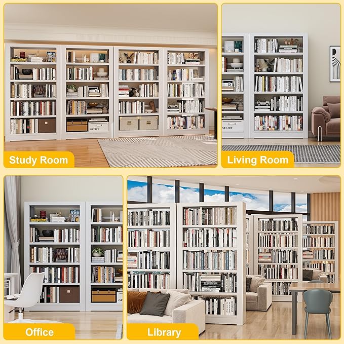 Bookshelf,5-Tier Bookcase with Adjustable Shelves,69” Tall Wide-Column Bookcase for Home Office, Living Room, Bedroom,White Metal Large Load-Bearing Bookshelf,H69*W36*D11.8 Inch (White)