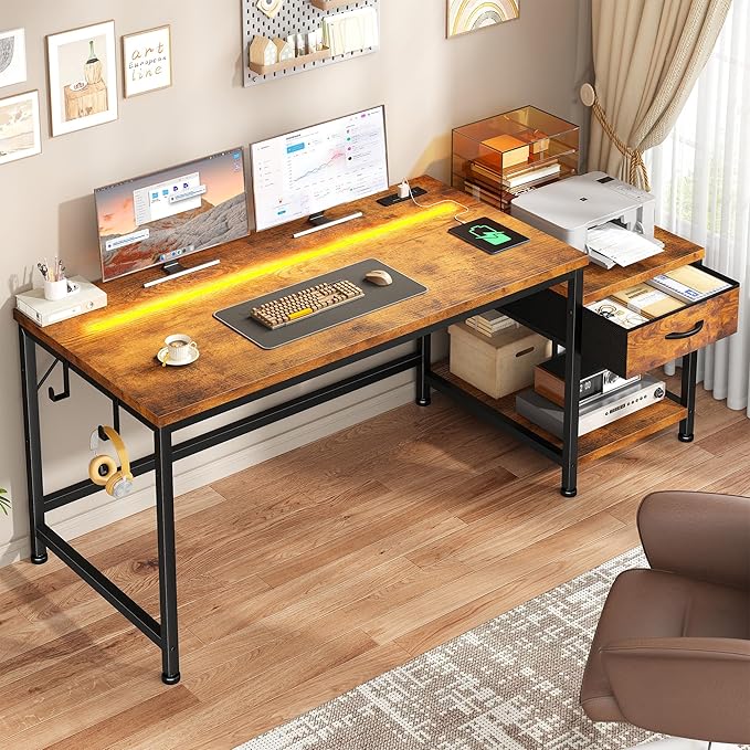 48.1 Inch Computer Desk,Reversible Office Desk with LED Lights & Power Outlets,Writing Desk with Wide Tabletop for Study,Writing,Small Desk with Drawers & Printer Shelf for Storage,Craft,Rustic Brown