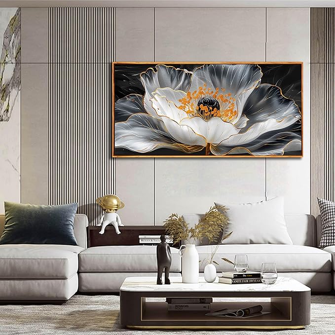 Floral Wall Pictures White Wall Art Lotus Wall Decorations Large Modern Artwork 29"x 59"Art for Kitchen Hotel