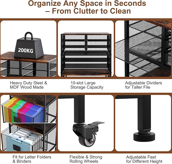 9 Slots Lateral File Cabinet with Drawer, Mobile Filling Cabinet with Open Storage Shelves, Hanging File Folder For Letter Size Folders, Metal Bookshelf Organizer Cart for Office Home, Black