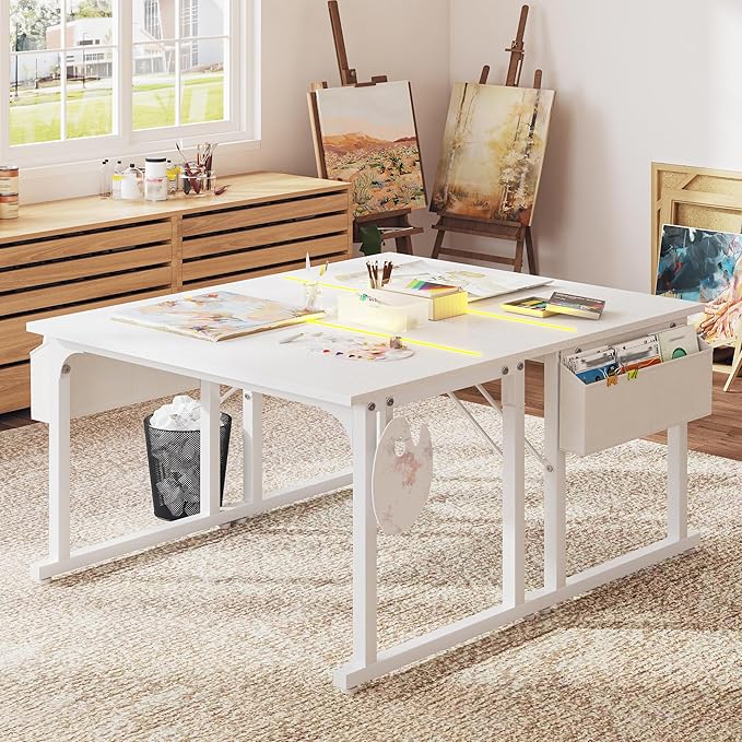 40 Inch White Computer Desk with LED Lights for Small Spaces, Office Desk for Home Office, Gaming with Headphone Hook,Study Desk Writing Table Storage Bag,Sturdy Metal Frame