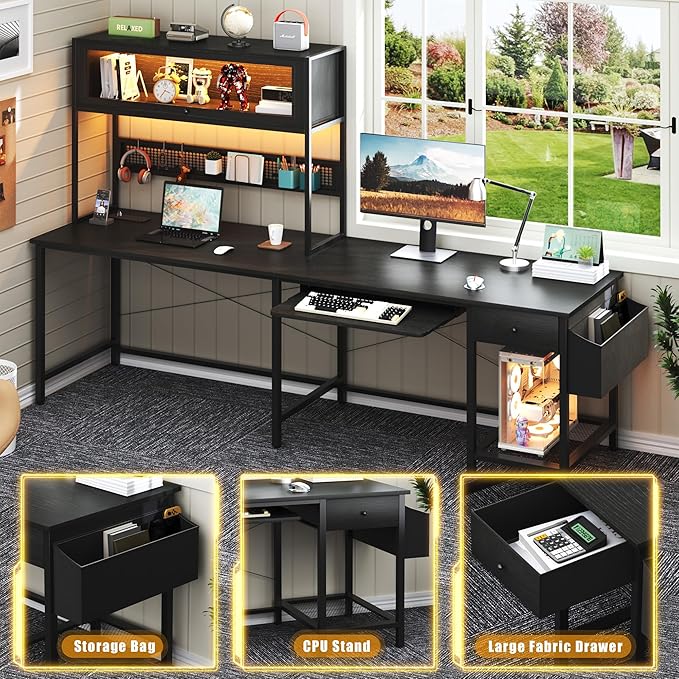 L Shaped Gaming Desk with Power Outlets & LED Lights, 49'' Reversible Computer Desk with Hutch & Pegboard & Display Cabinet, Corner Home Office Desk with Drawer & Keyboard Tray & Storage Bag, Black