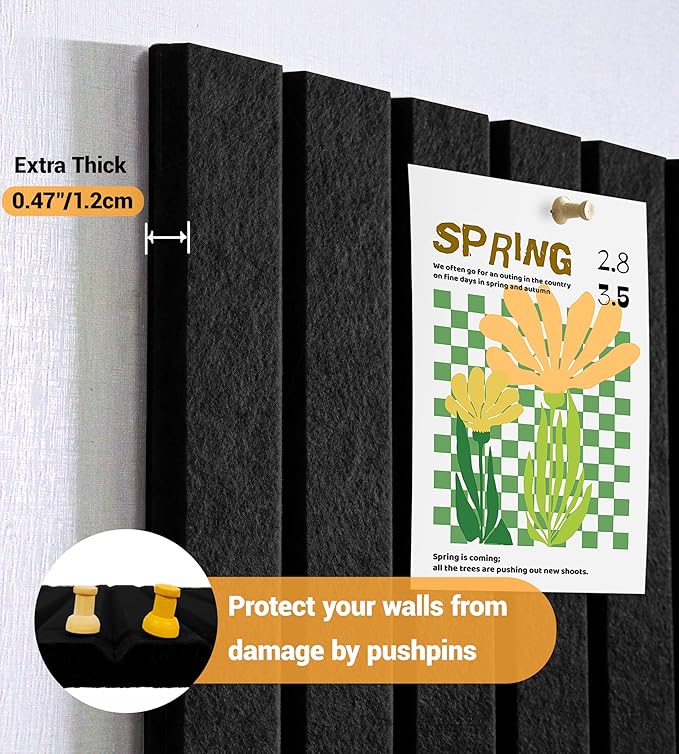 1/2" Thick Cork Board for Office, 6 Pack Felt Wall Tiles -28"x18" with Safe Adhesive Tabs, Large Bulletin Board, Push Pin Board Organizer Wall - Black