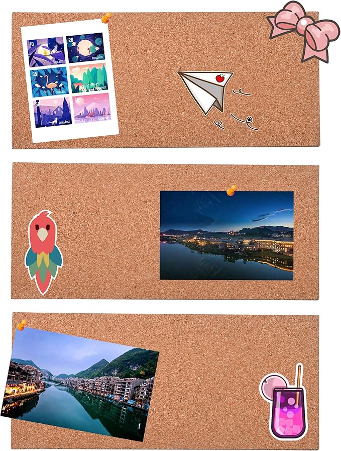 SUNGIFT Cork Bulletin Board 1/2" Thick Cork Boards 6 Pack Frameless Cork Tiles, 17 x 8 Inch, Self-Adhesive Corkboards Wall Decor with 50 PCS Pushpins for Office, School and Home