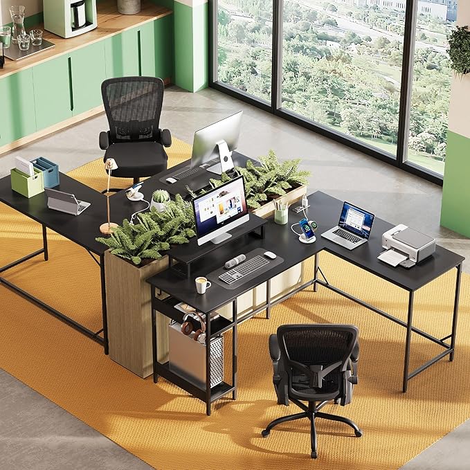 DEVAISE 60 Inch L Shaped Gaming Desk with LED Lights & Power Outlets, Corner Desk for Small Spaces, Sturdy PC Computer Table with Storage for Home Office, Black