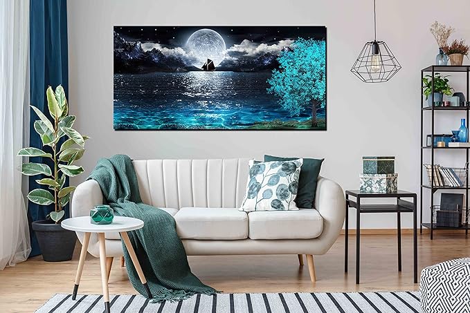 aburaeart Moon Sea Ocean Large Canvas Wall-Art For Living Room - Blue Tree Wall Decor - Large Artwork On Canvas Print Ready To Hang 29" x 59"