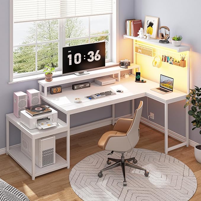 Gaming Desk with Shelves & Hooks, 56" L Shaped Computer Desk with Monitor Stand & Power Outlets & LED Lights and Printer Space for Home Office, Bedroom, White