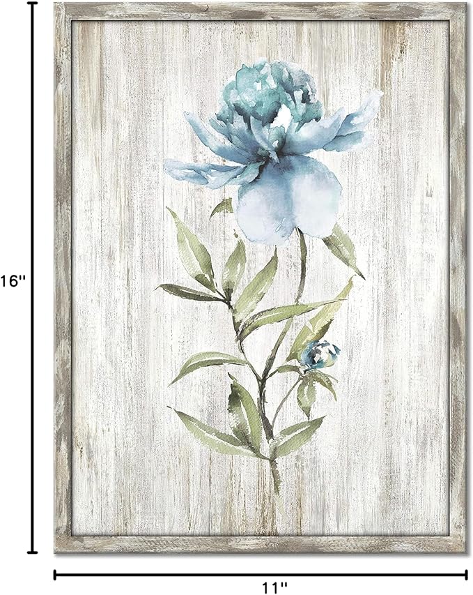 UTOP-art Wood Flower Wall Art Prints Blossom Floral Wall Decor Blue Picture on Rustic Wooden Textured Artwork Painting for Bedroom Small Panel office artwork wall decor