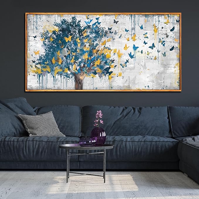Large Framed Canvas Wall Art Blue Tree Golden Butterflies Picture Abstract Grey Graffiti Canvas Prints Ready to Hang for Living Room Bedroom Size 30x60