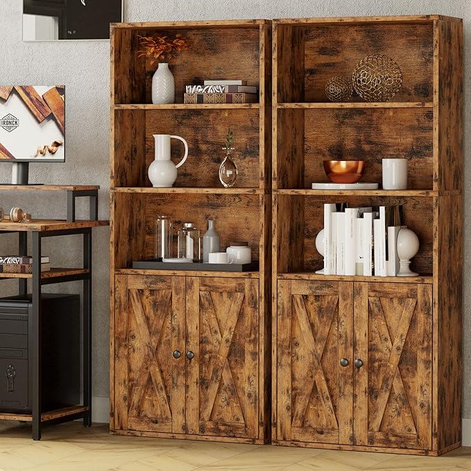 IRONCK Industrial Bookshelves and Bookcases with Doors 11.8 in Depth Floor Standing 5 Shelf Display Storage Shelves Tall Bookcase for Home, Office, Living Room