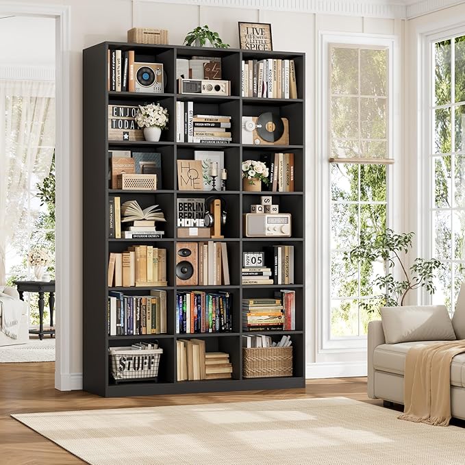 HOSTACK 86" H Triple Wide Bookshelf and Bookcase, 7 Tier Tall Bookshelf with Storage, Large Bookcase with 21 Open Display Storage Shelves, Wood Book Shelf Media CD DVD Storage for Living Room, Black