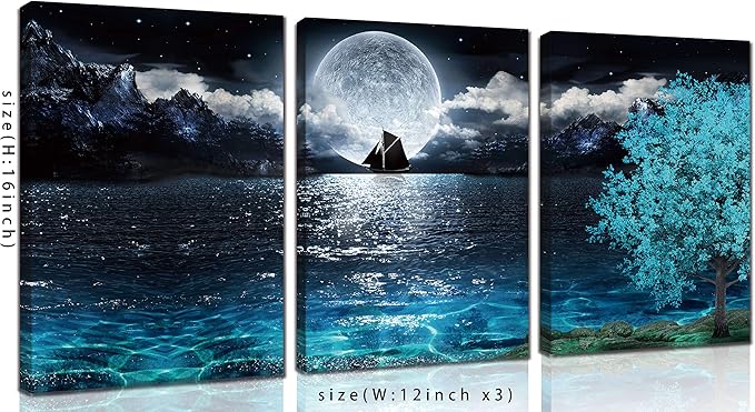Moon Wall-Art - Teal Ocean Modern Decor Wall Decor For Living Room - Wall Art For Bedroom On Canvas Framed Size 12x16 Inches x3 Pieces