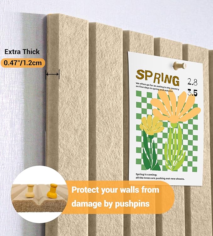 1/2" Thick Cork Board for Office, 6 Pack Felt Wall Tiles -28"x18" with Safe Adhesive Tabs, Large Bulletin Board, Push Pin Board Organizer Wall - Tan