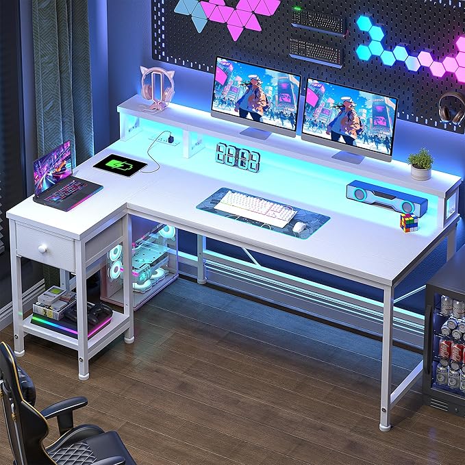 White Desk with Drawers, 48" L Shaped Computer Desk with Monitor Stand & Power Outlet for Small Room, LED Lights for Gaming, Study Room, Bedroom, White