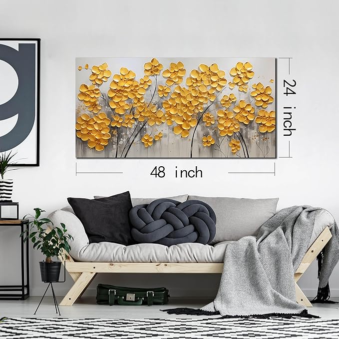 SKYRISE Abstract Gold Yellow Floral/Flower Wall Art Decor for Living Room, Modern Canvas Art Decorative-Picture Print Artwork for Bedroom Office, Size 48x24 Inches