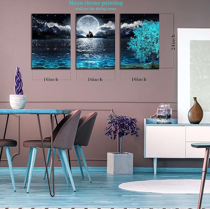 Moon Wall-Art For Bedroom - Teal Wall Art For Living Room - Ocean Tree Home Wall Decor 3 Pieces Framed Canvas Art 16x24 Inches