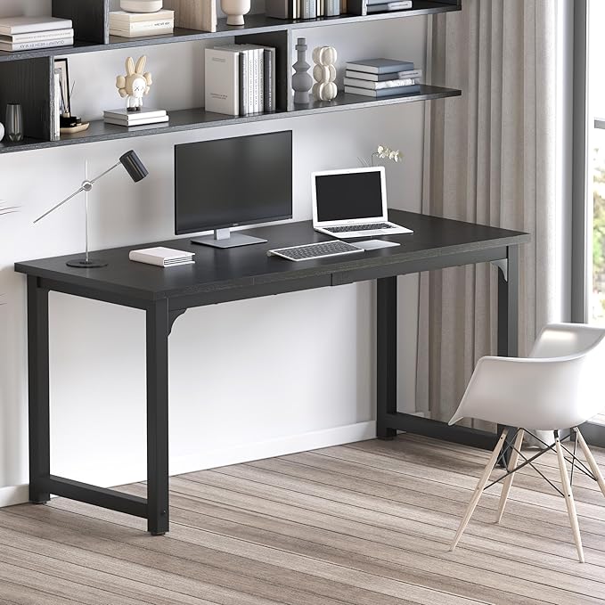 NSdirect 63 inch Computer Desk,Modern Simple Style PC Table Office Desk Wide Workstation for Study Writing,Gaming and Home Office,Extra 1" Thicker Wooden Tabletop and Black Metal Frame,Black