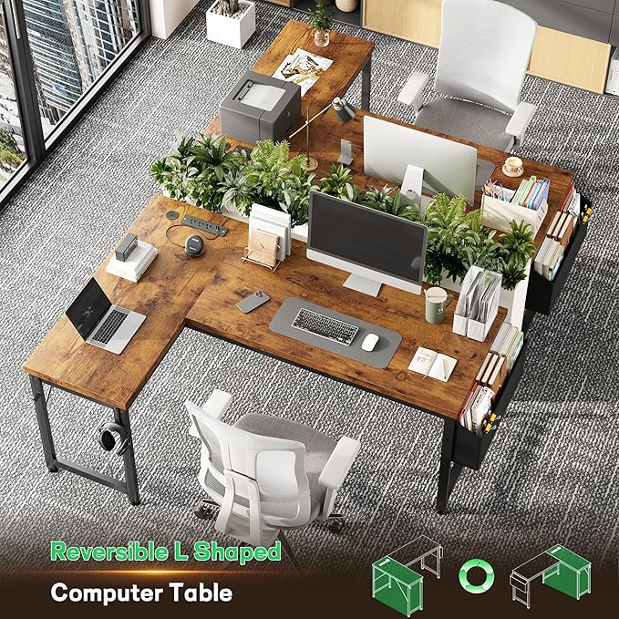 L Shaped Desk with 0.95 Inch Thicker Desktop & Storage Bag, Computer Desk with Power Outlets & Lights, Reversible Gaming Desk for Home Office, Corner Desk, Study Room, Living, Bedroom, Brown