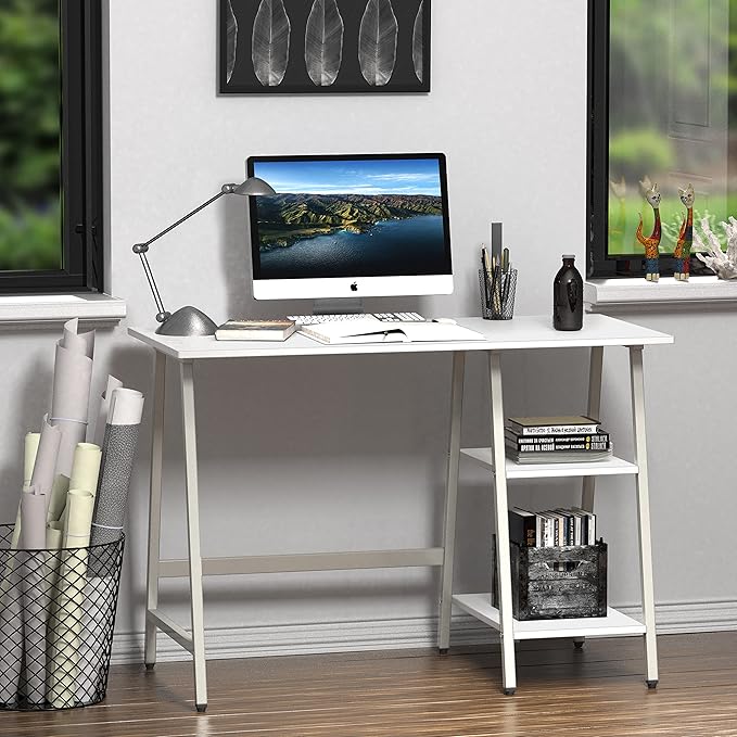 SHW 43-Inch Home Office Trestle Computer Desk with Open Storage Shelves, White