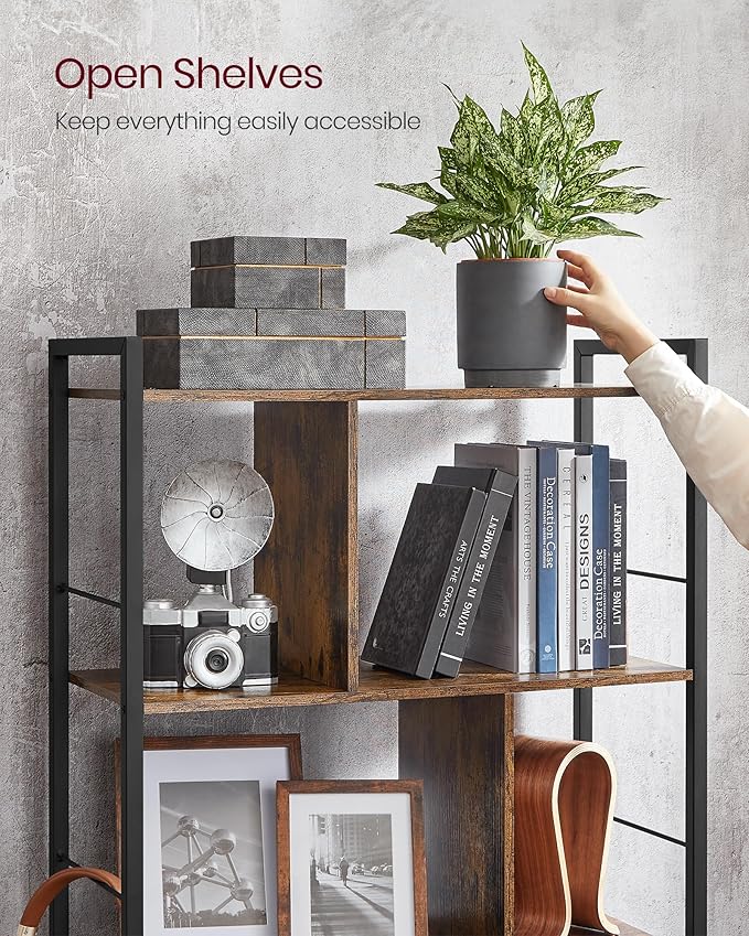 VASAGLE Bookshelf, 5-Tier Bookcase, Storage Shelving Unit, Display Shelf with Open Compartments for Living Room, Home Office, Bedroom, Industrial, Rustic Brown and Black ULBC121B01