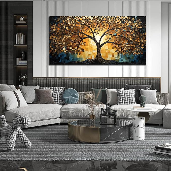 SKYRISE Abstract Tree Canvas Wall Art, Modern Colorful Decorative-Pictures with Gold Yellow and Blue Leaves Printed Painting Artwork Wall-Decor for Living Room Bedroom Office, Large Size 59x29 Inches