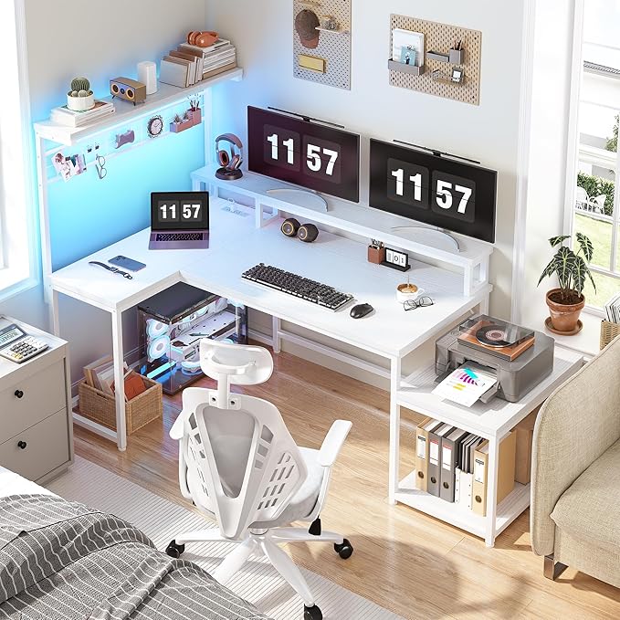 EEnHomee 56" Medium L Shaped Gaming Desk with LED & Power Outlets,Computer Desk with Monitor Stand & Print Stand for Home Office,Reversible Corner Gaming Table with Storage Shelf & Hooks,White