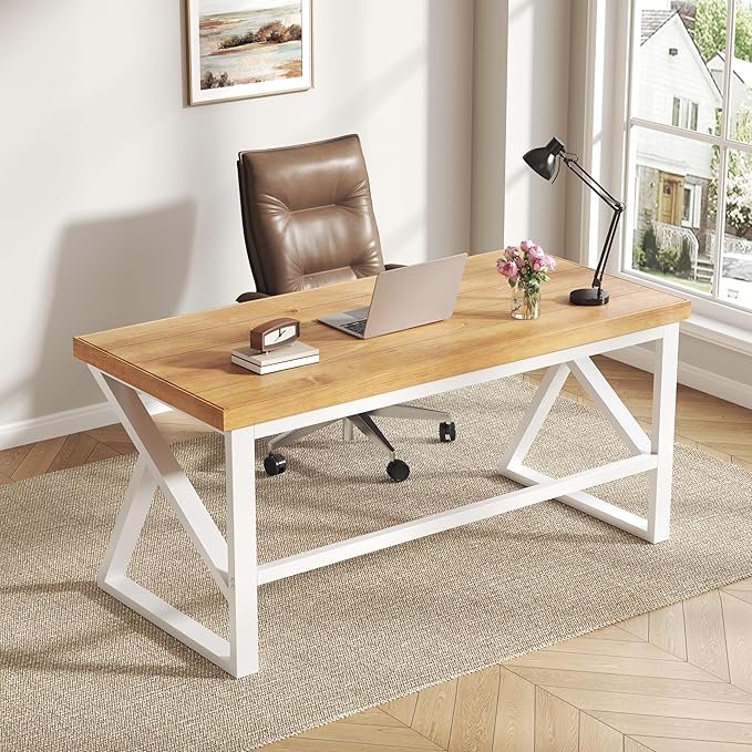 IBF 47”Solid Real Wood Desk, Minimalist Natural Wood Computer Desk, Rustic Desk for Home Office Writing Study, Vintage Industrial Wooden PC Gaming Workstation Computer Table, Natrual Oak