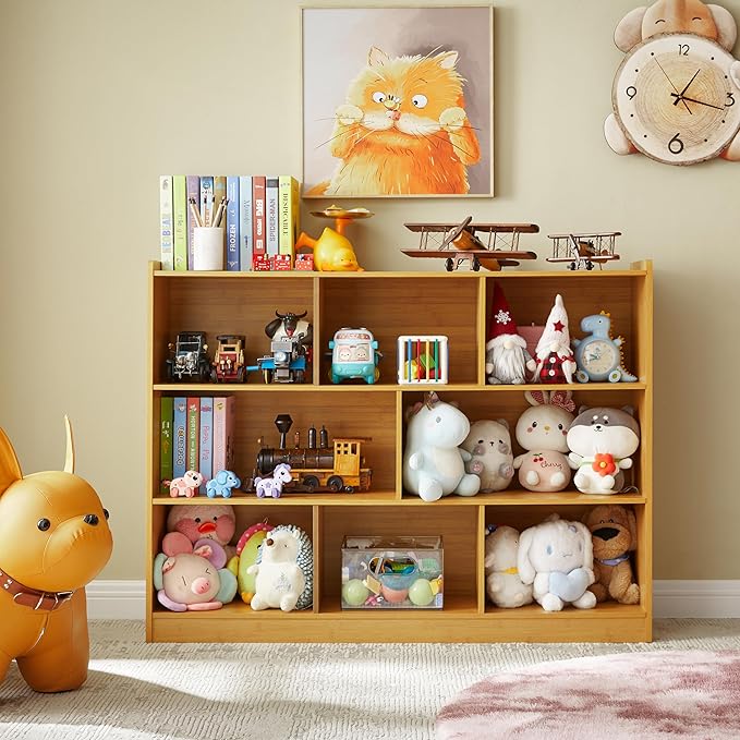 3-Tier Bookshelf, 8-Section Wooden Bookcase, Storage Organizer with Anti-Tilt Device, Modern Storage Display Cabinet for Living Room, Classroom, Kid’s Room (Natural), FJHL-011YE