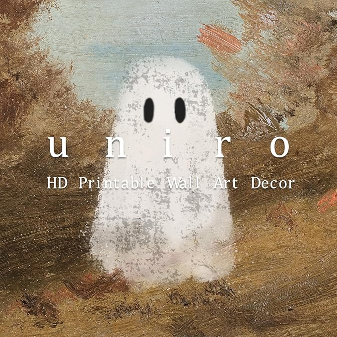 uniro Retro Cute Ghots Wall Art Cute Ghost in Field Pictures Wall Decor Moody Gothic Ghost Poster Print for Living Room Bedroom Bathroom, Halloween Home Wall Decor(8" x 10"-UNFRAMED)