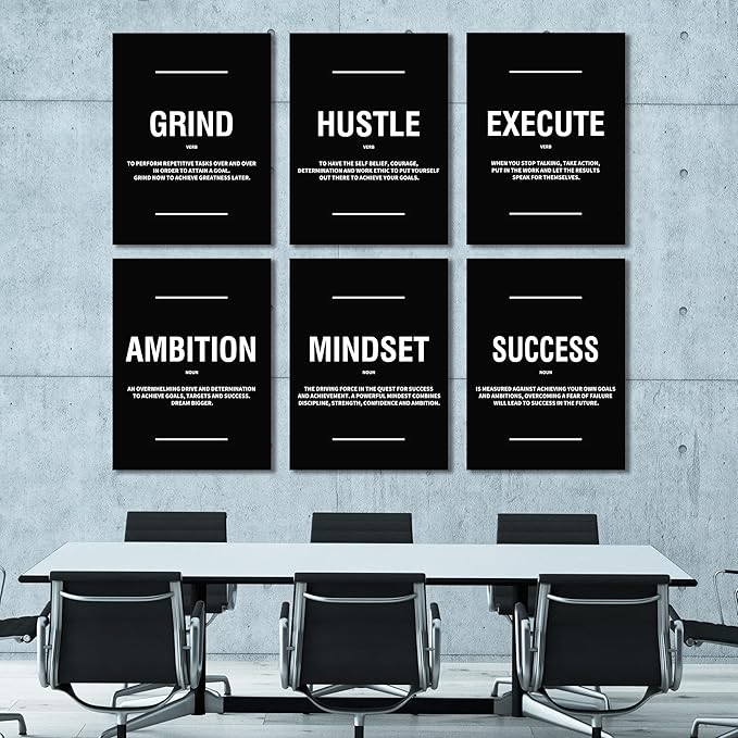 COSCTOR Set of 6 Grind Hustle Execute Ambition Mindset Success Motivational Wall Art Picture Decor Canvas Framed for Office Bedroom Inspirational Home Posters Paintings Ready to Hang(Framed,9x12)