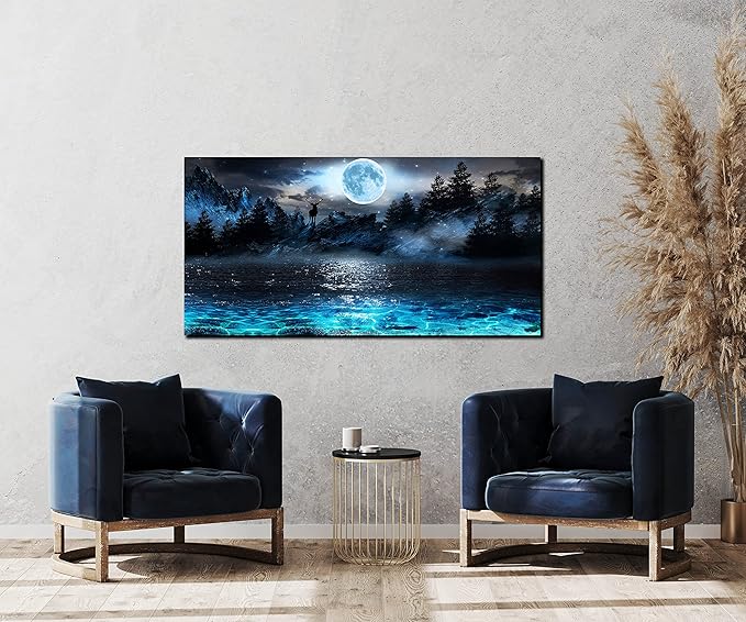 Moon Sea Ocean Wall-Art For Living Room Large Size - Blue Wall Decor For Bedroom - Forest Wall Art Ready To Hang 29" x 59"