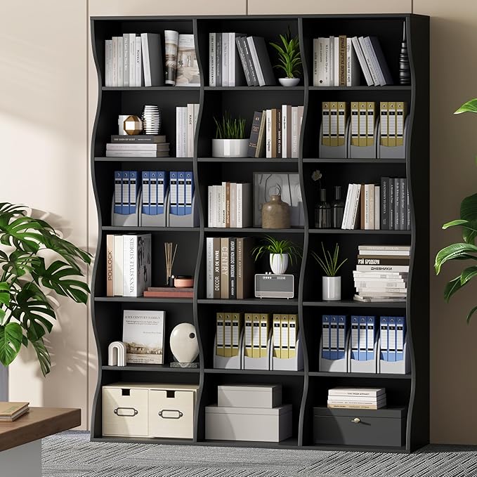 71" Triple Wide Bookshelf, 6 Tier Tall Bookcase with Storage, Large Book Shelves with 18 Open Display Shelves, Black Bookcase for Living Room, Study, Home Office, Library (Black)