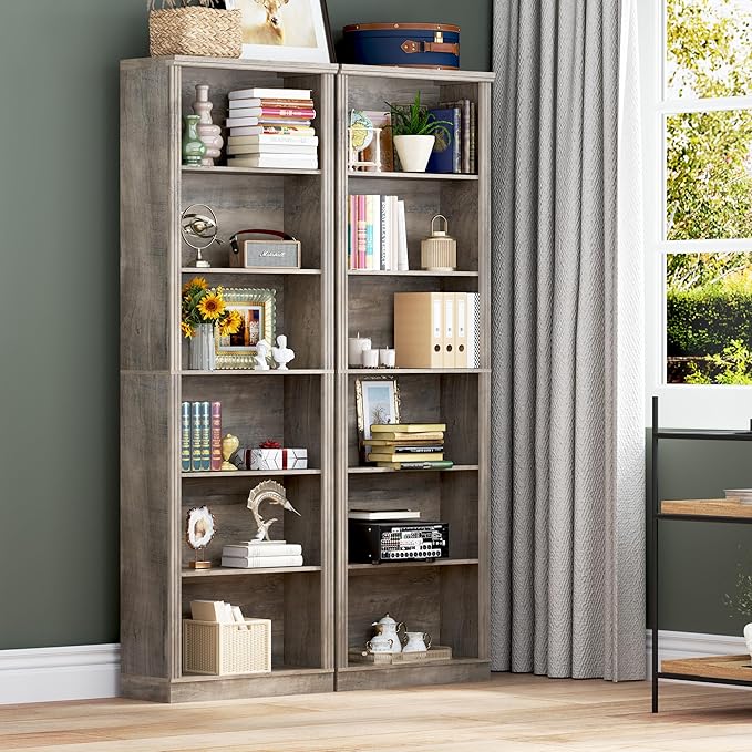 75" Tall Bookshelf, 6-Tier Floor Standing Bookcase with 2 Adjustable Shelves, 24" Wide Open Storage Shelf, Modern Display Organizer for Home Office, Living Room, Bedroom, Study