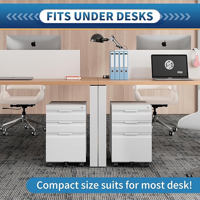 File Cabinet for Home Office,3 Drawers Mobile File Cabinets Rolling,Under Desk Metal Filing Cabinet, Small Mobile File Storage Cabinets for Legal/Letter/A4 -White/Assembly Required