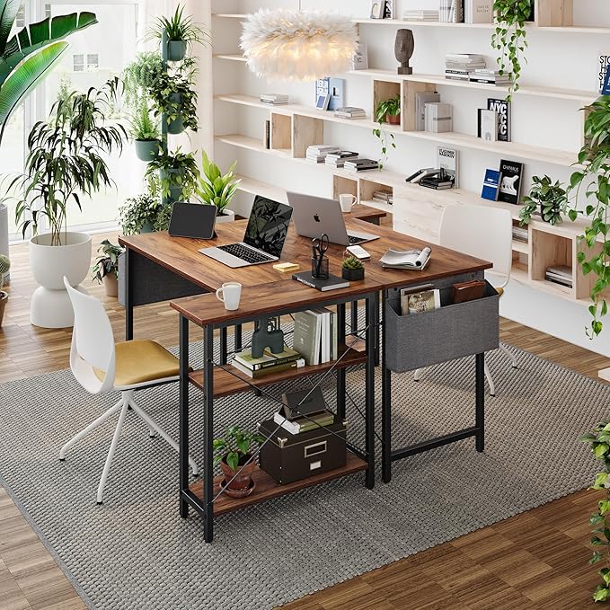 CubiCubi L Shaped Desk, 55 Inch Computer Desk with Reversible Storage Shelves Home Office Corner Desk Study Writing Table, Deep Brown
