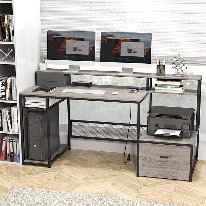 Home Office Desks with Drawers, 66'' Computer Desk with Storage, Office Desk with Monitor Stand, Work Desk with Outlets and USB, Gaming Table Desk with File Cabinet for Home Office Table, Grey