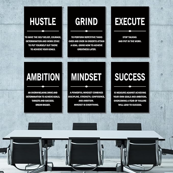 COSCTOR Set of 6 Grind Hustle Execute Motivational Wall Art Picture Decor Canvas Framed for Office Workplace Gym Garage Inspirational Home Posters Ready to Hang(Framed,20x30)
