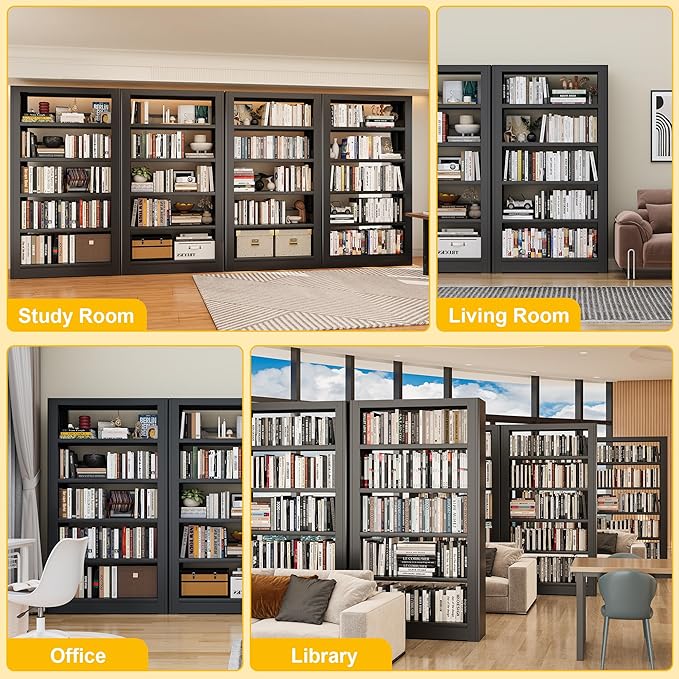 Metal Bookshelf,69" Tall Wide Industrial Bookshelf,5-Tier Sturdy Bookcase with Adjustable Shelves,Heavy Duty Strong open bookshelf,Black Bookcase with 6 Shelves for Office, Living Room, Library
