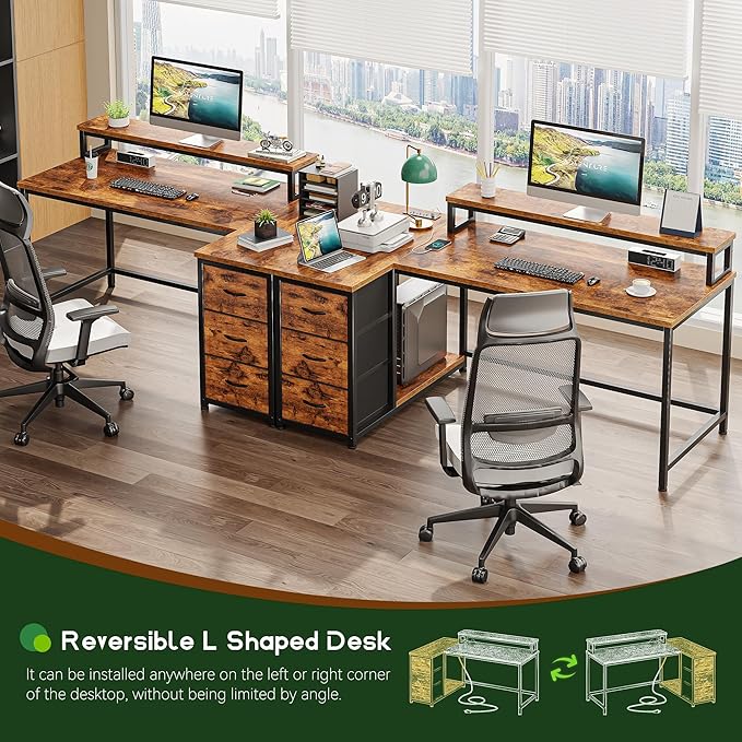 EnHomee L Shaped Desk with 3 Drawers, 40 Inch Small Desk with Monitor Stand, Gaming Desk with Power Outlet, Computer Corner Desk with LED Lights for Gaming, Home Office, Study Room, Rustic Brown