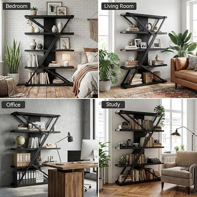 FUSUNBAO Industrial Bookshelf, Vintage 5-Tier Tall Bookcase with Wood and Metal Frame, Rustic Large Display Shelf for Home Office, 67" H x 47" L x 12" W, Black
