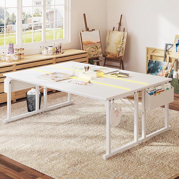 71 Inch Computer Desk with LED Lights, Office Desk for Home Office, Study Desk Writing Table with Storage Bag, Headphone Hook, White